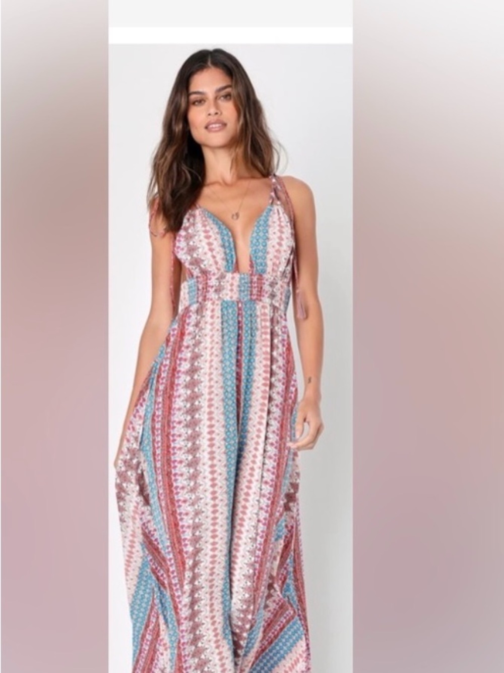 Lulus Maxin' Relaxin' Blue MultiPrint Sleeveless Tie-Strap Maxi Dress size S
